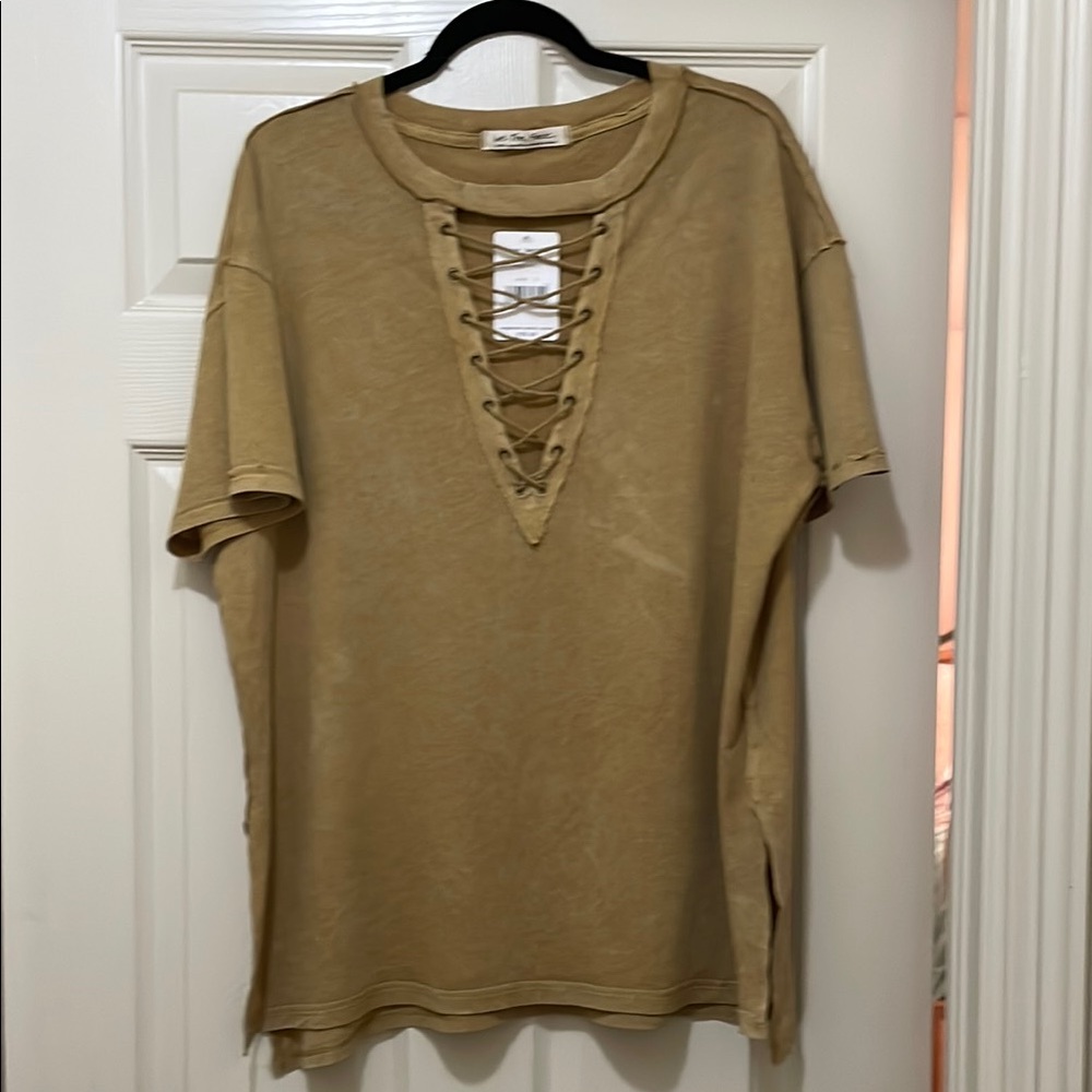 Free People Olive Relaxed Lace-Up Short Sleeve Tee